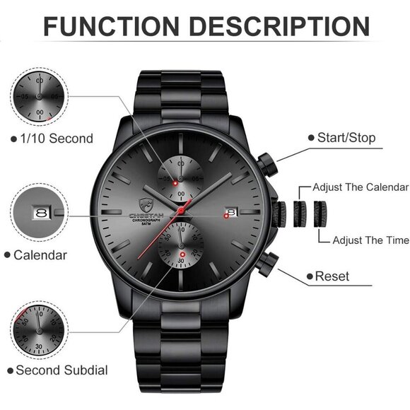 GOLDEN HOUR Men's Watches with Black Stainless Steel and Metal Casual Waterproof - Picture 3 of 7